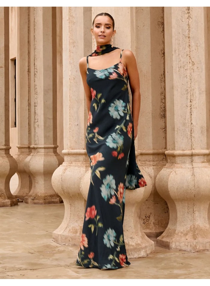 Vestido de invitada largo azul con estampado floral con escote anudado