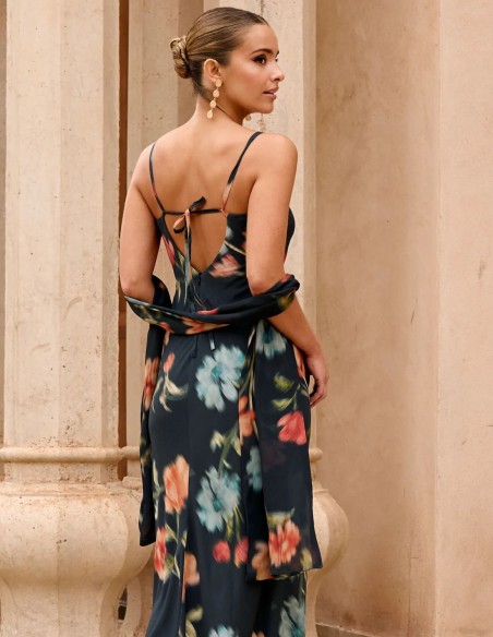 Long blue floral print guest dress with knotted neckline