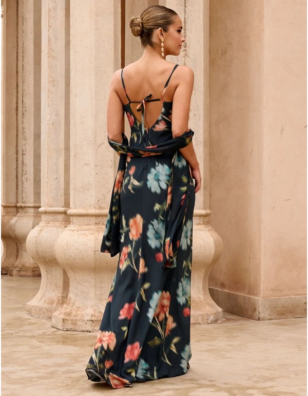 Vestido de invitada largo azul con estampado floral con escote anudado 2