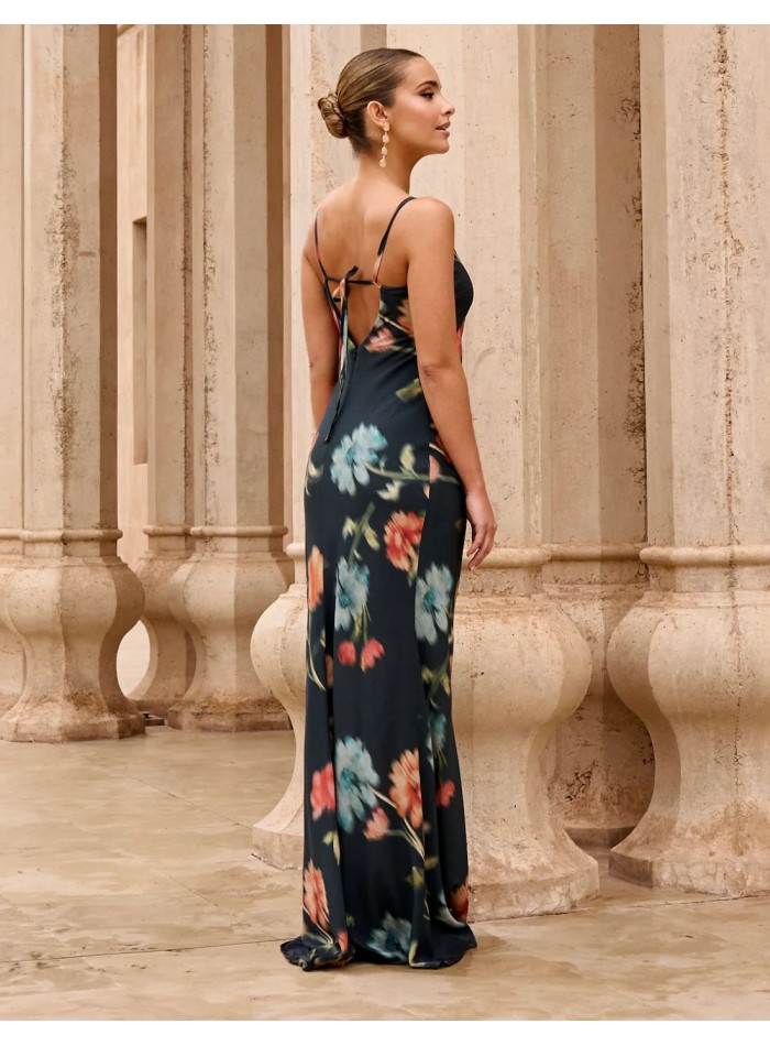 Long blue floral print guest dress with knotted...