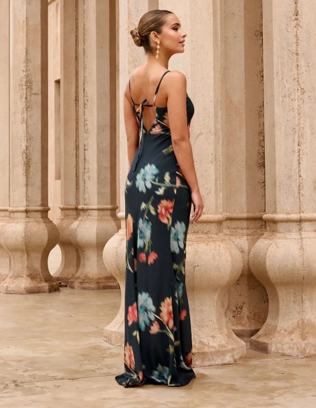 Vestido de invitada largo azul con estampado floral con escote anudado