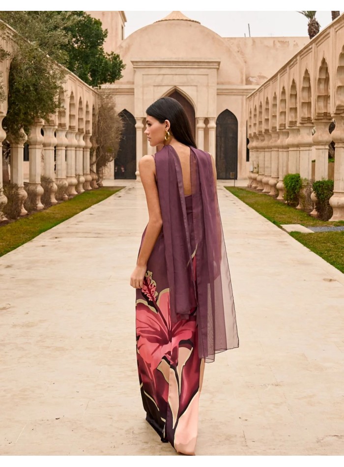 Longue robe d'invité en satin à imprimé floral