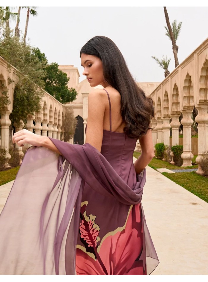 Longue robe d'invité en satin à imprimé floral