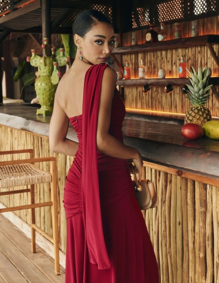Garnet long guest dress with asymmetric neckline and draped effect