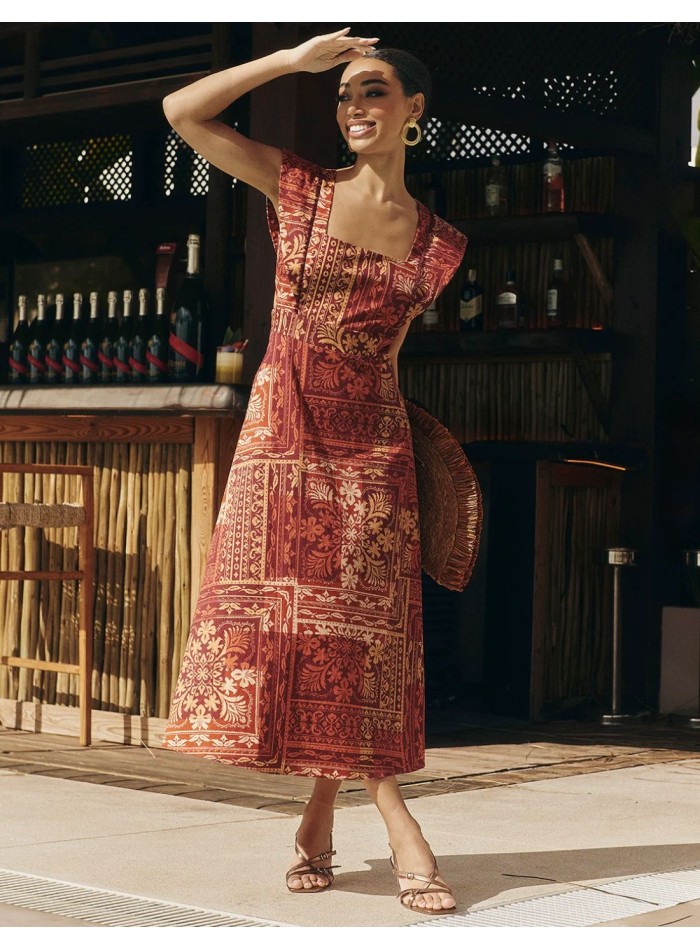 Vestido de invitada midi con estampado geométrico en tonos tierra