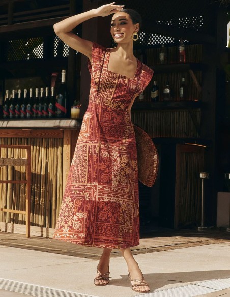 Robe midi d'invité à imprimé géométrique dans les tons de terre