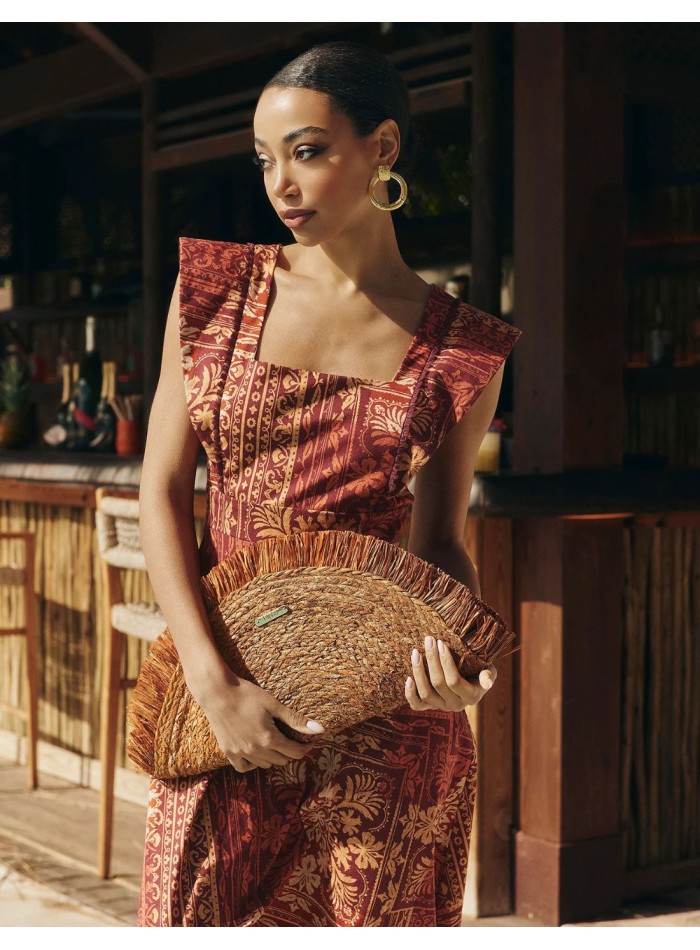 Vestido de invitada midi con estampado geométrico en tonos tierra