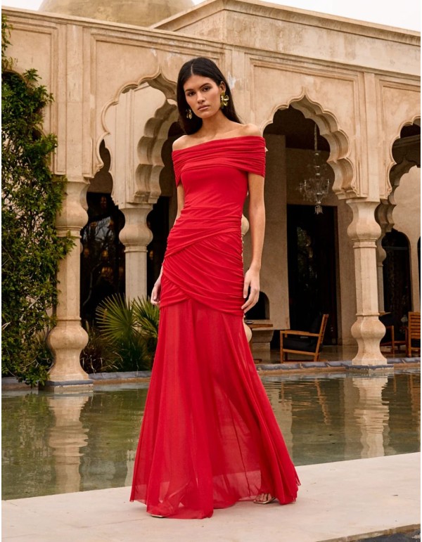 Long dress in red with draped bardot neckline 2
