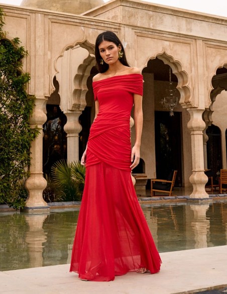 Long dress in red with draped bardot neckline