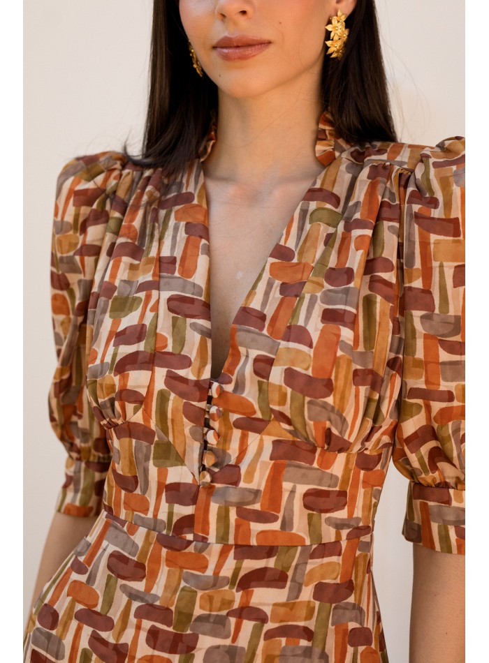 Midi dress with geometric print and V-neckline