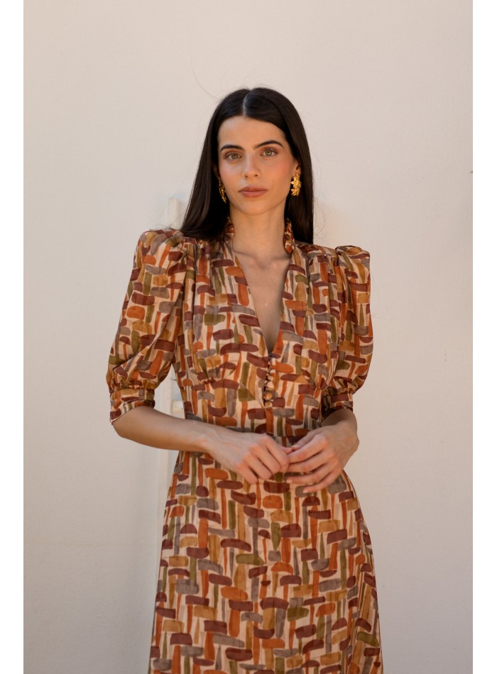 Robe midi à imprimé géométrique et décolleté en V