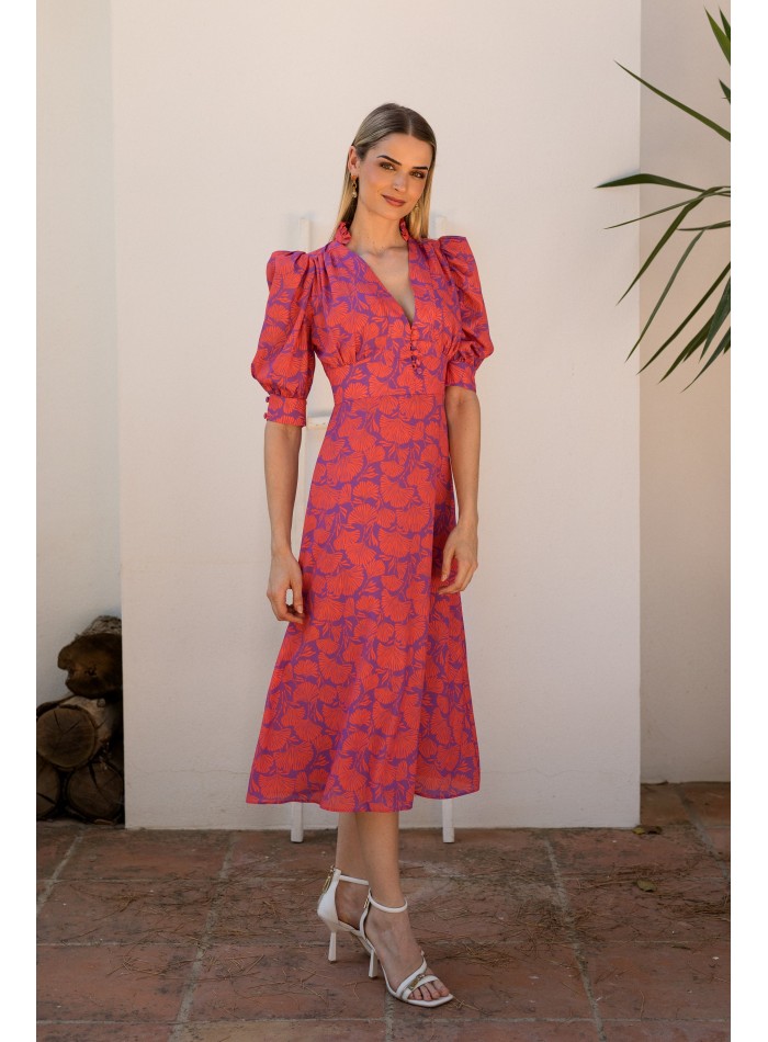 Robe midi imprimée avec encolure en V et...