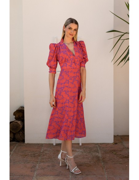 Printed midi dress with V-neckline and puffed sleeves