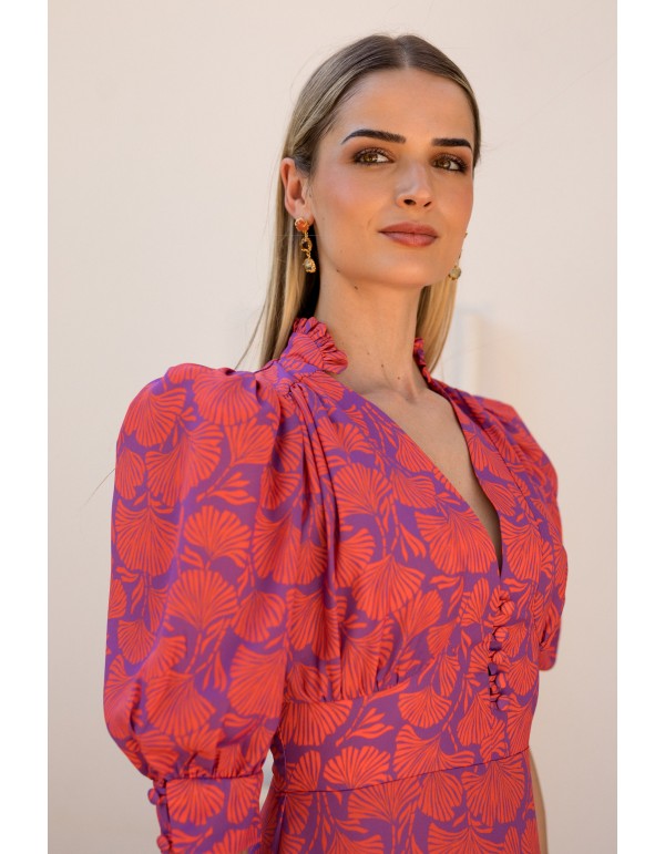 Robe midi imprimée avec encolure en V et manches bouffantes 2