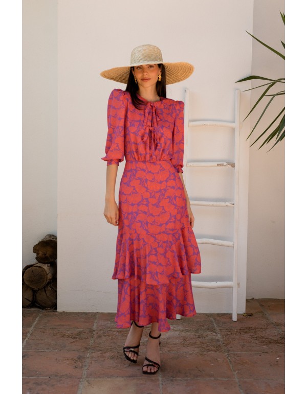 Printed midi dress with shoulder pads and round neckline