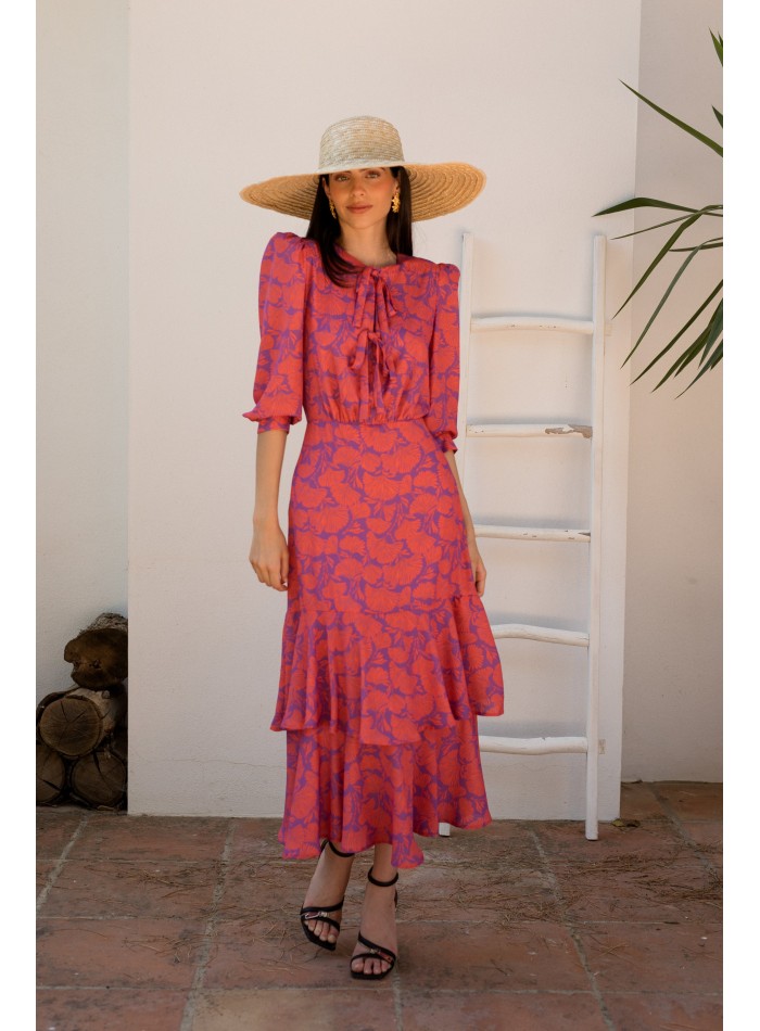 Robe midi imprimée avec épaulettes et encolure...