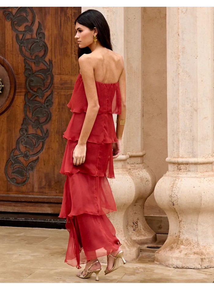 Long strapless gauze layered strapless dress...