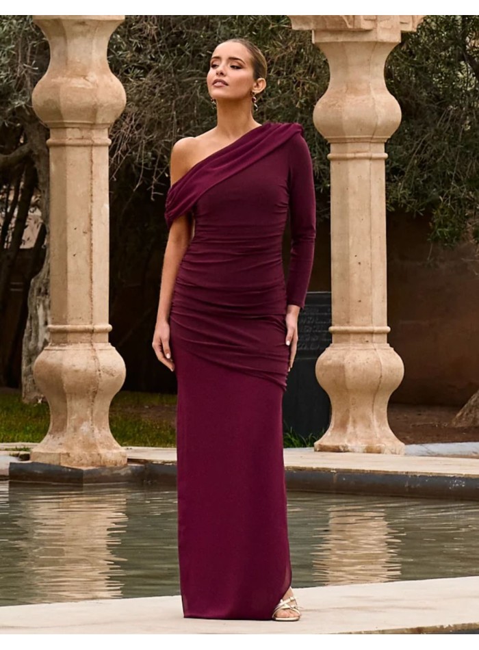 Long guest dress with asymmetrical bardot...