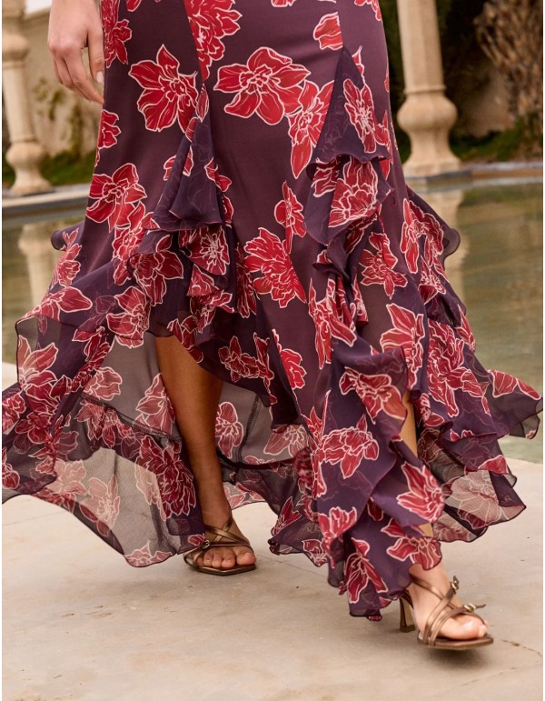Falda midi asimétrica con estampado floral en color berenjena 2
