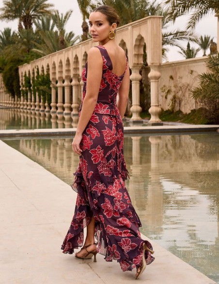 Jupe midi asymétrique à imprimé floral de couleur aubergine