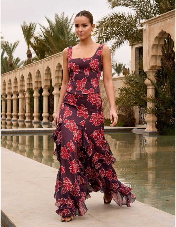 Eggplant color printed top with square neckline and... 2