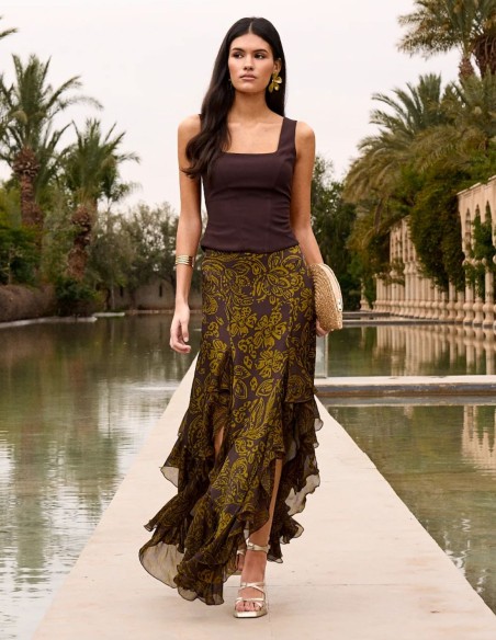 Floral print asymmetrical midi guest skirt