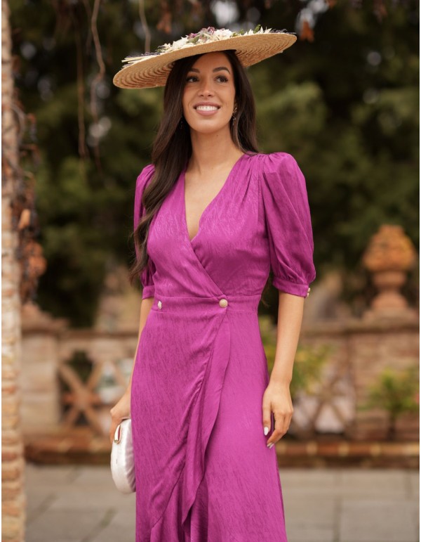 Midi guest dress with asymmetrical hem and flowing fabric 2