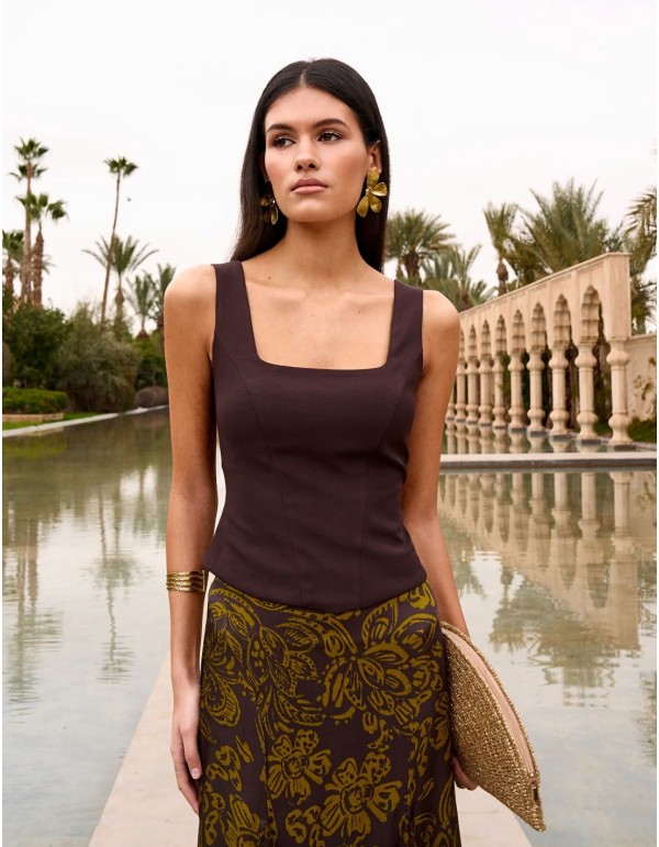 Brown crepe top with square neckline and corseted back