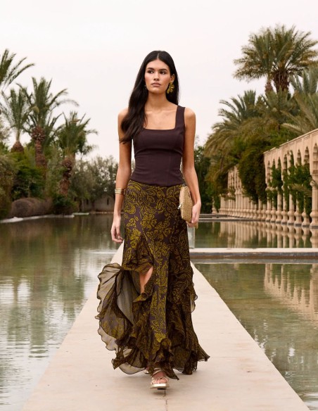 Brown crepe top with square neckline and corseted back