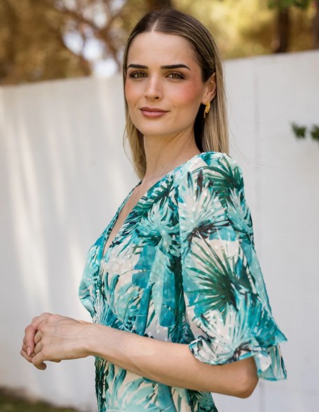 Long georgette guest dress with green tones print
