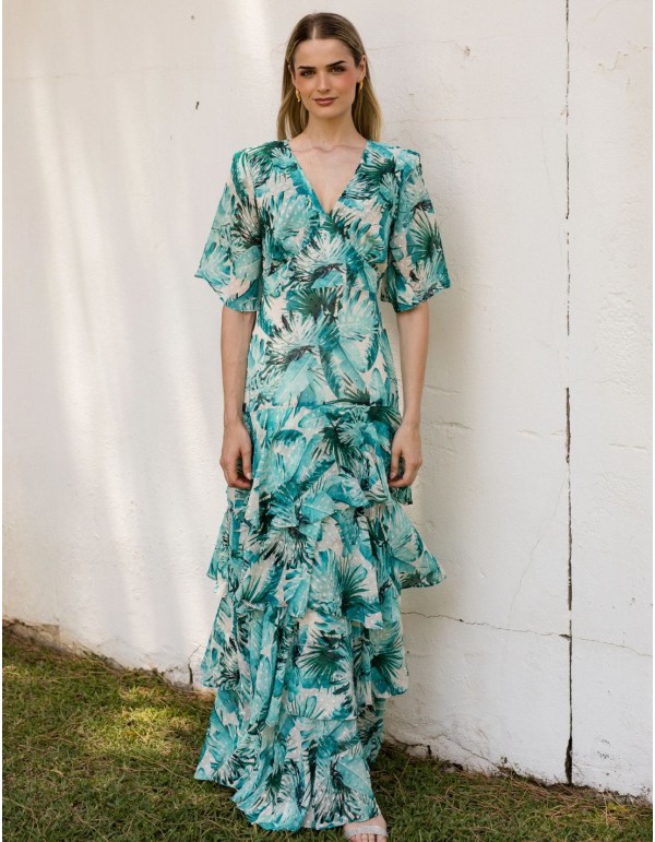 Long georgette guest dress with green tones print