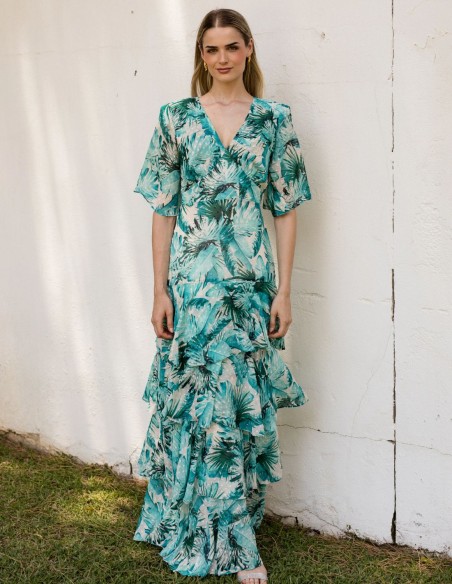 Robe d'invité longue en georgette imprimée de tons verts