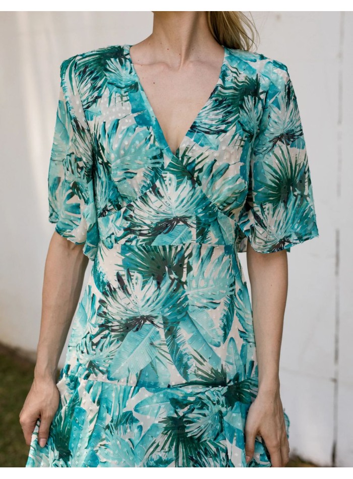 Long georgette guest dress with green tones print