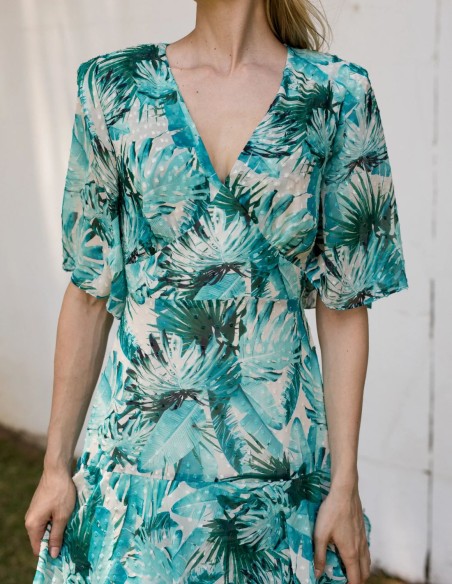 Long georgette guest dress with green tones print