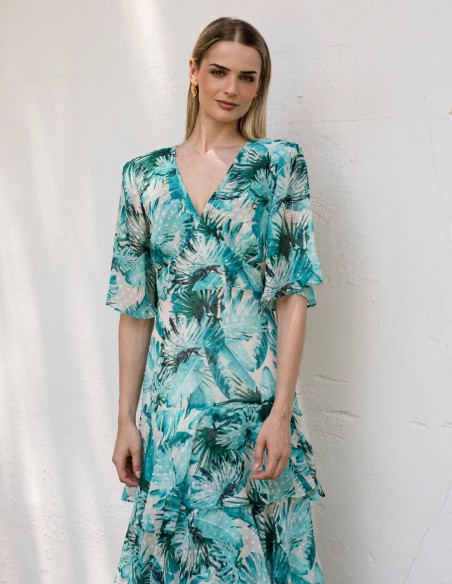 Robe d'invité longue en georgette imprimée de tons verts