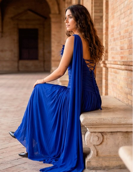 Klein Blue Long Dress with Removable Flower and Adjustable Back