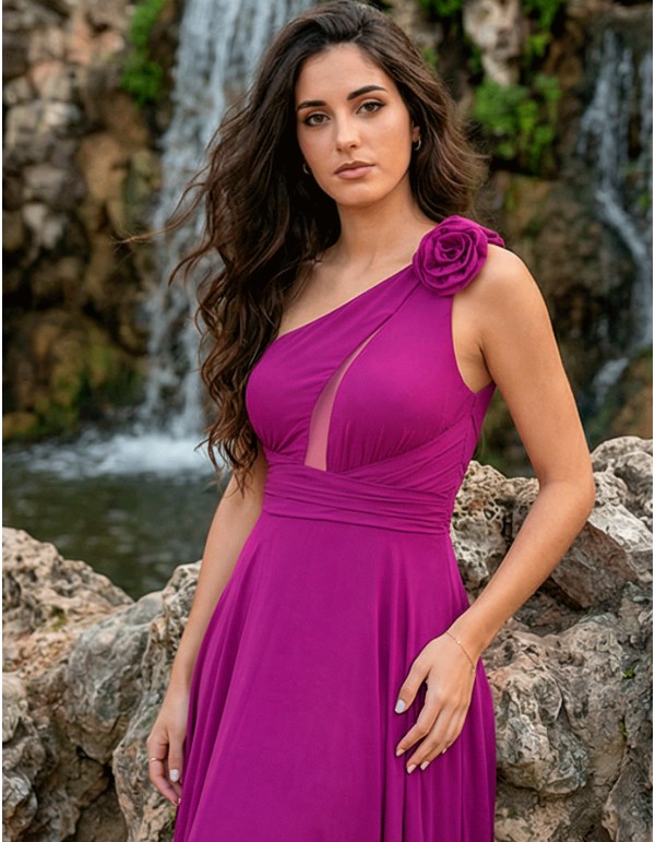 Bougainvillea Long Party Dress with Asymmetrical Neckline and Crossed Back 2