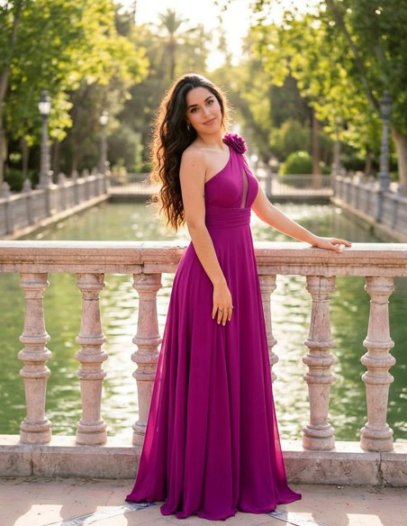 Vestido de Fiesta Largo Buganvilla con Escote Asimétrico y Espalda Cruzada