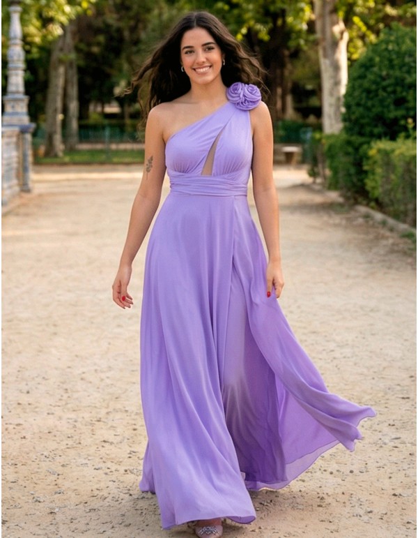 Robe de soirée longue à encolure asymétrique et dos croisé, de couleur lilas