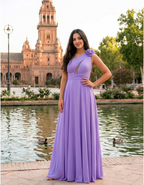 Lilac Long Party Dress with Asymmetrical Neckline and Crossed Back 2
