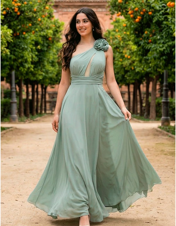 Vestido de Fiesta Largo Verde Pastel con Escote Asimétrico y Espalda Cruzada