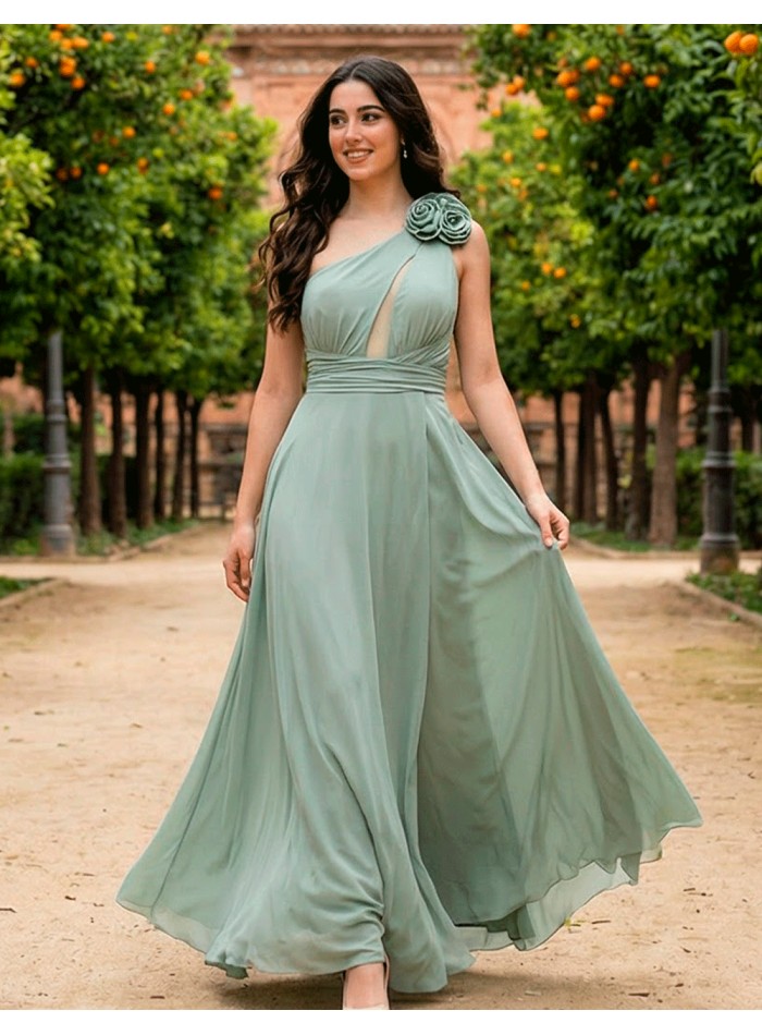 Pastel Green Long Party Dress with Asymmetrical Neckline and Crossed Back