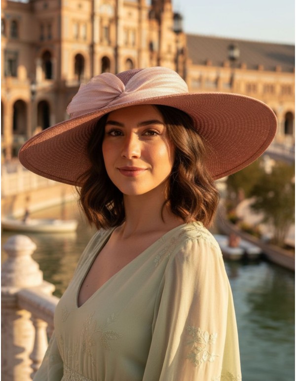 Pamela de invitada clásica con nudo sinamay en rosa maquillaje