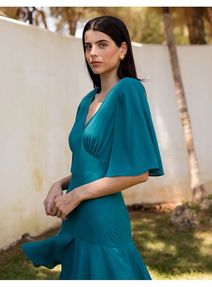 Long green georgette guest dress for women