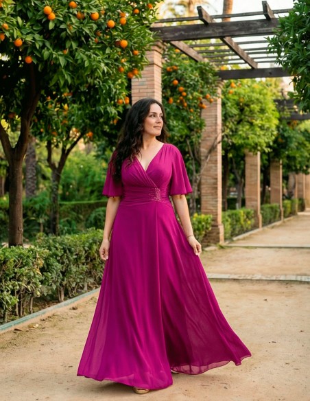 Vestido Largo Talla Grande con Drapeado y Detalle de Pedrería