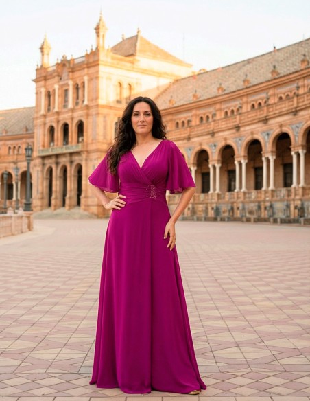 Vestido Largo Talla Grande con Drapeado y Detalle de Pedrería