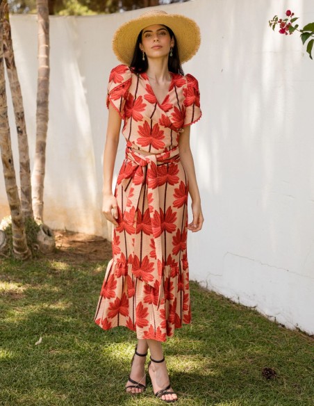 Conjunto dos piezas confeccionado en lino con estampado de palmeras