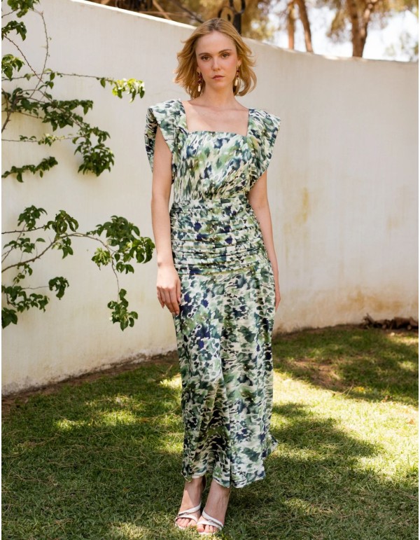 Vestido midi en satén para invitadas con estampado floral...