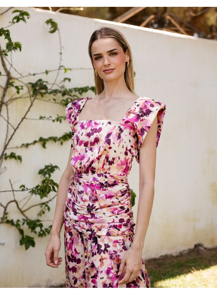 Vestido midi en satén para invitadas con estampado