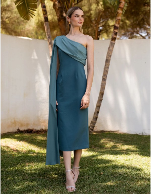 Greenish blue crepe midi guest dress with asymmetrical cape